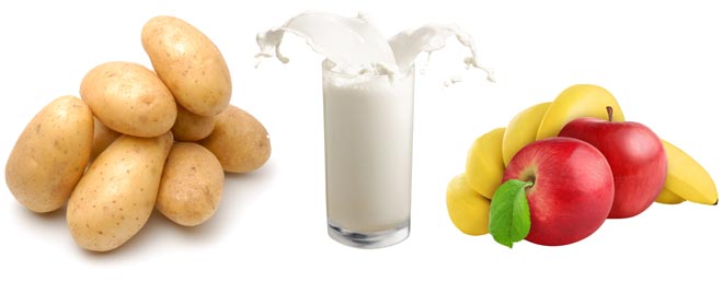 Картошка, молоко, бананы и яблоки Продукты питания